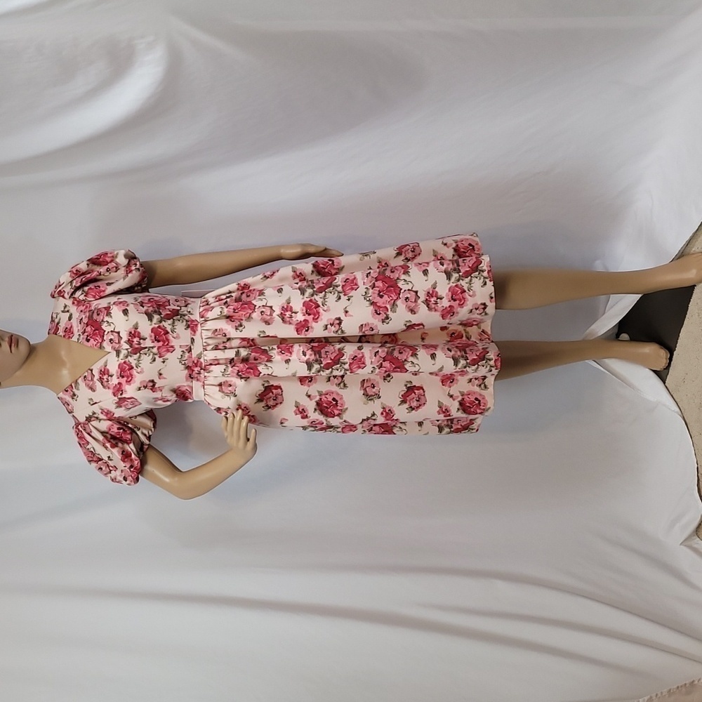 RACHEL Parcell Pink Brocade Floral Puff Sleeve Dress - Picture 11 of 17